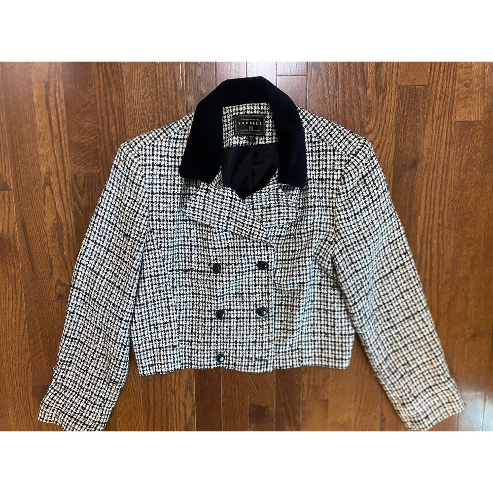 Vintage Express Boulce Black & White Plaid Crop Jacket L Velvet Clueless Preppy